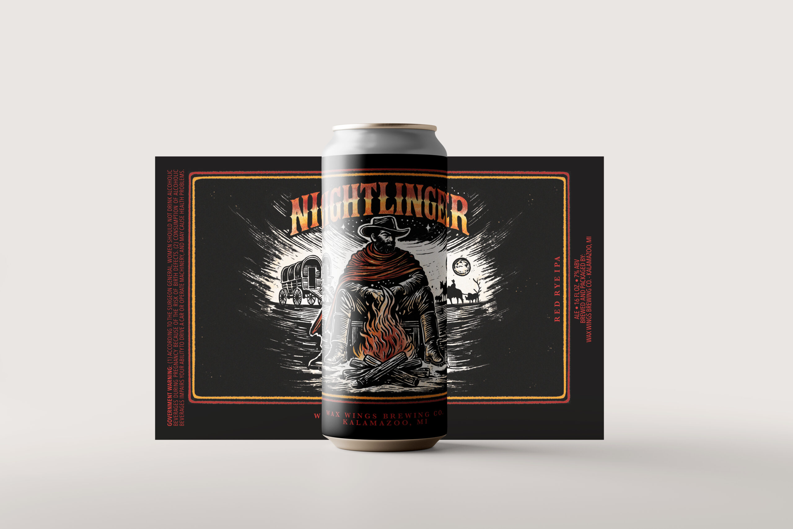 Nightlinger Red Rye IPA Wax Wings Brewing Co The “Nightlinger” beer label draws inspiration from Jebidiah Nightlinger, capturing his bold, fearless spirit from The Cowboys. The design features a striking color palette of red, orange, black, and white, evoking the intense heat and ruggedness of the Old West. Handwritten typography and detailed illustrations bring a raw, personal touch to the design, reflecting Nightlinger’s rugged character and the untamed energy of the frontier.