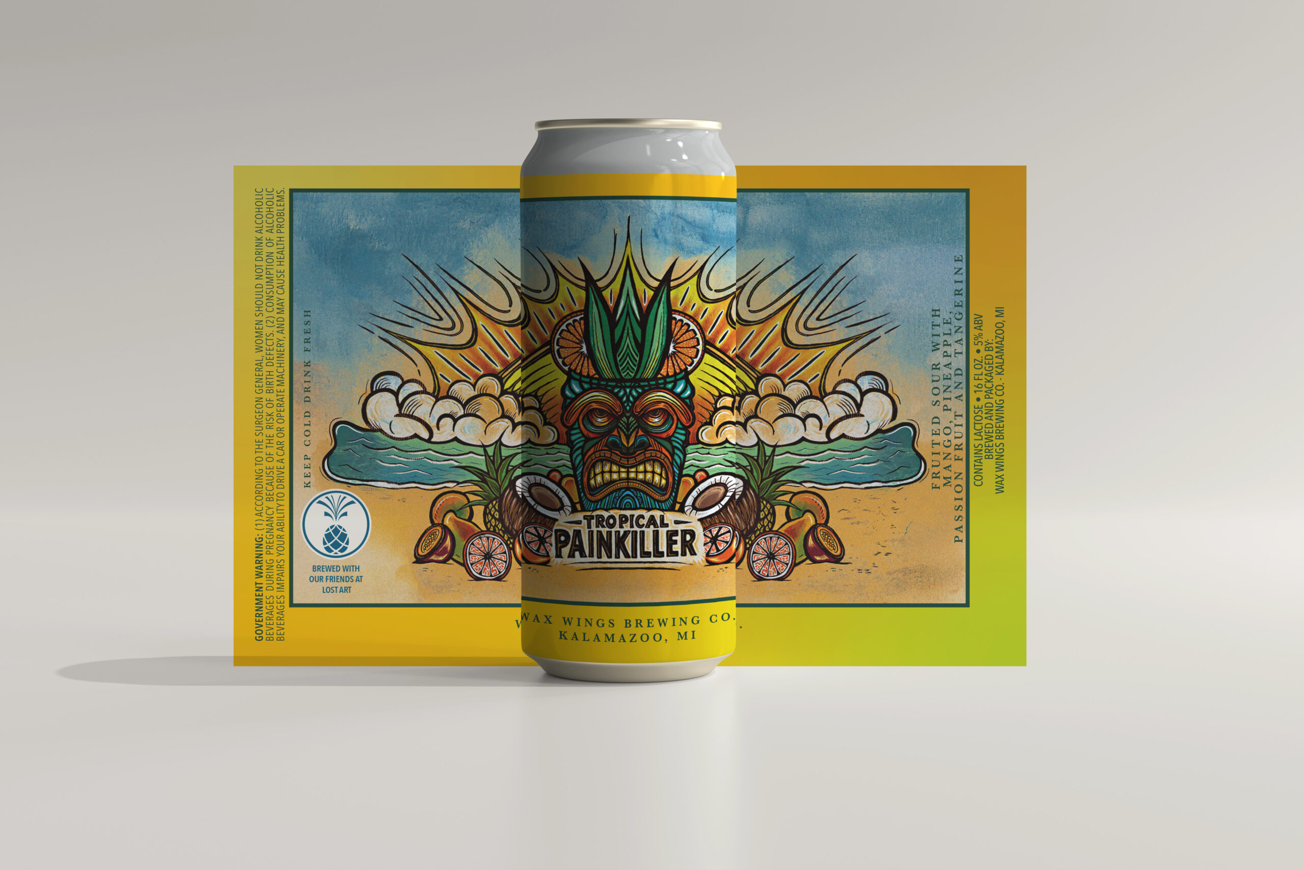 Tropical Painkiller Fruited Sour Wax Wings Brewing Co. The “Tropical Painkiller” beer label captures the essence of summer with a vibrant design highlighting the tropical fruits that define this fruited sour, coconut, mango, pineapple, and passionfruit. The label embraces tiki-inspired elements with bold, colorful patterns, creating a fun and refreshing visual experience. This design radiates warmth and brightness, evoking the carefree spirit of a tropical getaway with every sip.
